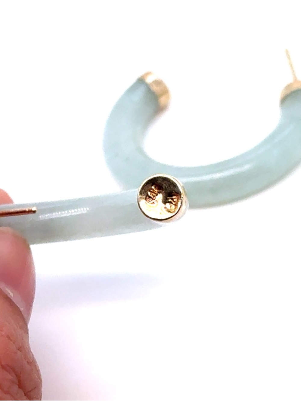 14K Gold Trim Pale Green Jade Hoop Earrings - Picture 3 of 9